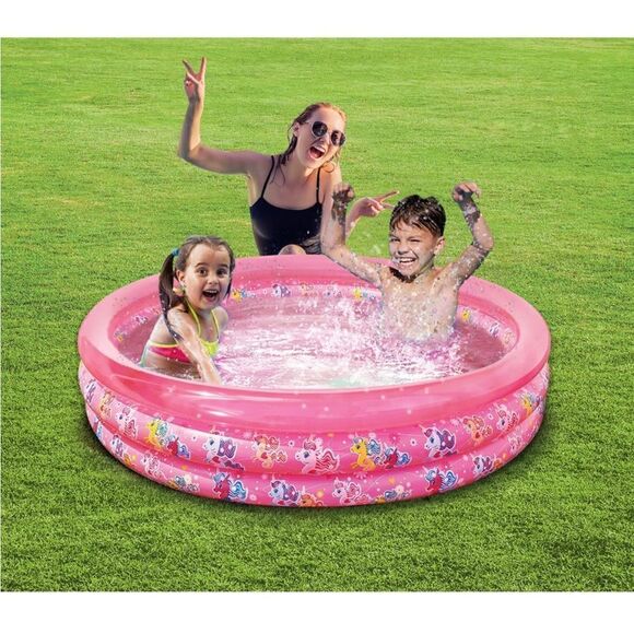 Play Day Kids Round Inflatable 3 Ring Kiddie Outdoor Pool Pink Pony Unicorn New - Picture 3 of 9